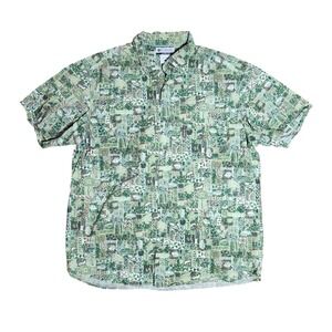 Columbia Green Floral Fish Hawaiian Button Down Short Sleeve Shirt Mens Size L